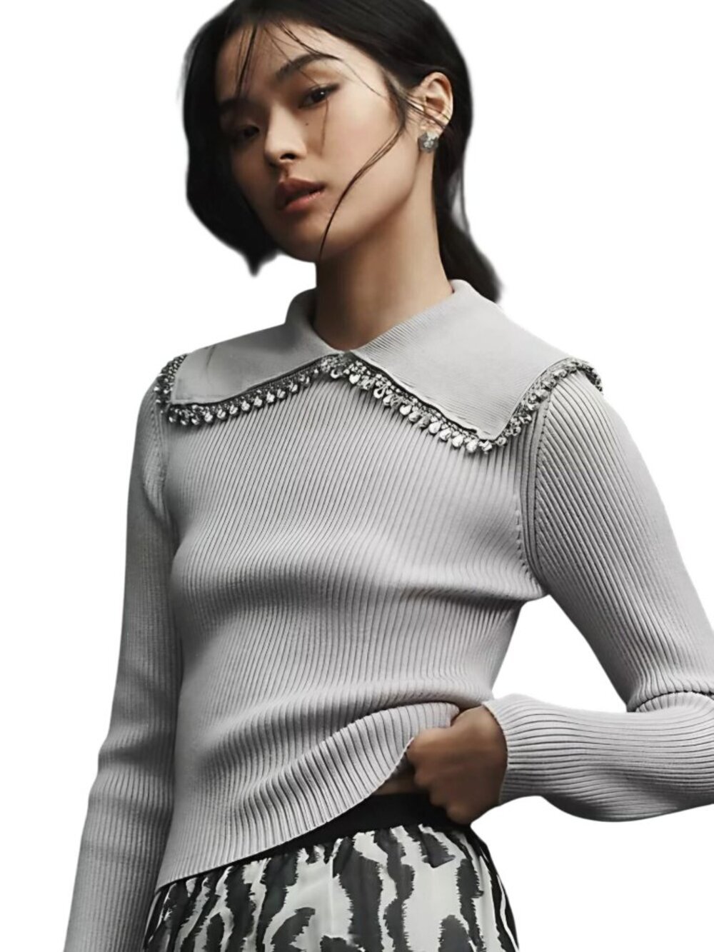 Anthropologie Embellished Collar Sweater Purple(Gray) Rhinestone Ribbed Size S